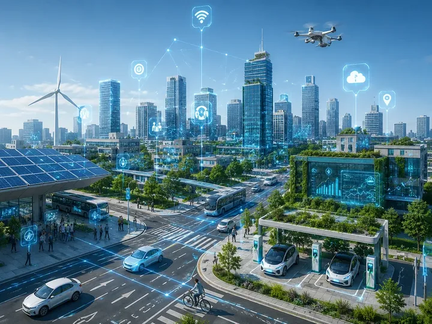 Sustainable smart city with green public spaces and renewable energy infrastructure